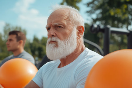A senior man enhances his balance, strength, and flexibility with stability ball exercises, guided by a personal trainer This sunny gym session targets active aging, preventing falls and improving mobility The tailored program boosts overall wellness and reduces injury risk through effective balance training AI Generativeの素材
