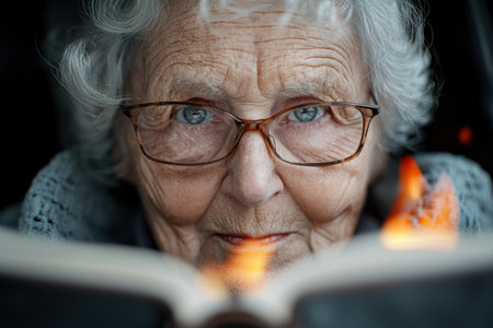 An elderly woman, glasses perched on her nose, sits by a crackling fireplace, engrossed in an old book This classic portrait embodies wisdom, tranquility, and the comfort of home It evokes nostalgia, heritage, and the enduring power of stories, capturing the serenity of age and the joy of literature on AI Generativeの素材