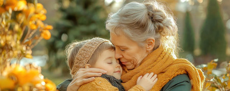 A grandmother and grandchild share a tender embrace, their bond radiating unconditional love Autumn leaves form a serene backdrop to this heartwarming scene, perfectly capturing cherished family moments and the enduring power of intergenerational connection Pure affection and gentle comfort are palpable AI Generativeの素材