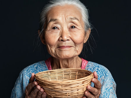 A serene portrait captures an elderly Asian woman, her eyes reflecting wisdom and heritage She holds a handcrafted woven basket, symbolizing a life well-lived Subtle lighting and composition highlight her peaceful expression and the intricate basket, showcasing the beauty of aging and cultural preservation A timeless moment of quiet dignity AI Generativeの素材