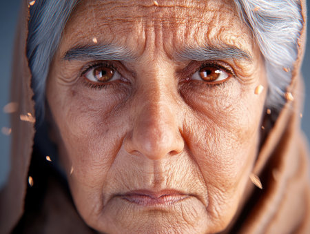A captivating portrait reveals an elderly woman's grace and wisdom, her traditional attire adorned with cultural symbols The photograph's subtle details wrinkled skin, intricate clothing highlight the beauty and dignity of age, showcasing a lifetime of experience and rich cultural heritage A timeless representation of womanhood and identity AI Generativeの素材