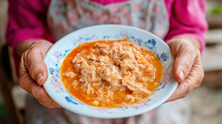 In a rustic kitchen, a grandmother's loving hands prepare a treasured family recipe, the air fragrant with warm spices This captivating photo showcases culinary heritage, generations of love and cherished ingredients woven into a timeless dish A culinary masterpiece, it embodies family and enduring flavors a tradition's magic revealed AI Generativeの素材