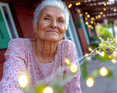 A poignant portrait reveals a senior woman's grace, resilience, and quiet strength Her serene face, etched with years of experience, exudes inner peace and unwavering spirit The image celebrates the beauty of aging, showcasing a life well-lived and a testament to perseverance and hope Dignity and tranquility radiate from her AI Generativeの素材