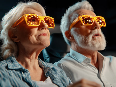 A heartwarming image depicts a senior couple joyfully enjoying a virtual concert at home This showcases active aging and digital inclusion, highlighting how technology brings entertainment and connection to their retirement The scene emphasizes the ease and joy of online leisure for older adults, embracing modern technology for a happy AI Generativeの素材