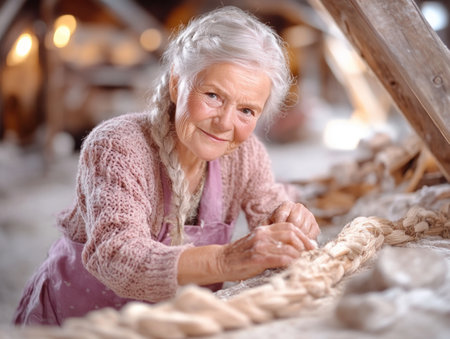 A grandmother's legacy unfolds: woven stories, shared wisdom, and timeless traditions bind generations Heartwarming images capture loving family bonds, heirloom crafts, and cherished memories This enduring familial love, preserved through history, celebrates unity and the power of heritage AI Generativeの素材
