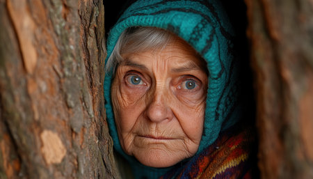 Beneath a majestic tree, an elderly woman rests, her wrinkled hands on her cane Her gaze, wise and reflective, speaks of a life lived fully The photo contrasts the weathered tree bark with her lined face, a powerful testament to the enduring human spirit and the serene beauty of aging AI Generativeの素材