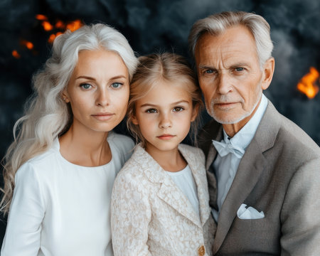 A timeless family portrait centers on a beloved grandmother, her embrace symbolizing enduring familial bonds Generations gather, radiating warmth and unity Shared history and heritage shine through, creating a visually stunning testament to love, legacy, and the strength of family AI Generativeの素材