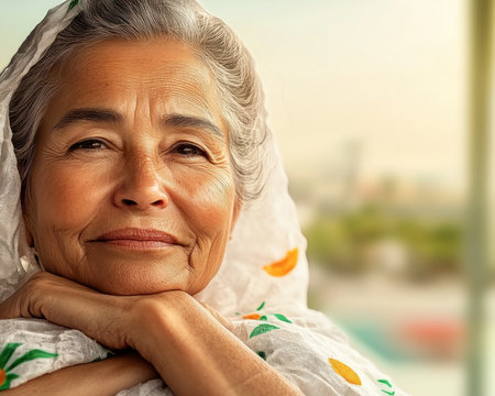 A radiant elderly woman, adorned in vibrant cultural attire, embodies the heart of her community Her joyful smile reflects the strength of intergenerational bonds and the enduring power of shared traditions This image celebrates cultural preservation, community spirit, and the beauty of aging gracefully within a supportive network AI Generativeの素材