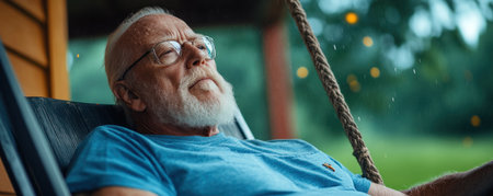 Twilight paints the scene: a serene elder, gently swaying on a porch, fireflies dancing around him His calm embodies a life well-lived, a testament to quiet wisdom found in nature's simple beauty This peaceful image whispers of contentment and the enduring human spirit AI Generativeの素材