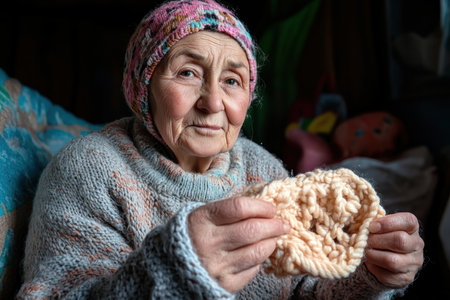 A grandmother's loving hands knit intricate patterns, creating handmade treasures Years of passion and skill shine in each delicate stitch, showcasing the artistry and tradition of this cherished craft The image celebrates handmade beauty, patience, and the enduring power of love poured into every creation AI Generativeの素材