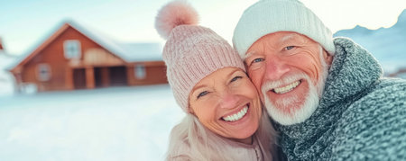 A heartwarming scene: a smiling elderly couple, embraced in a cozy winter cabin Their radiant joy reflects a lifetime of love and shared experiences, their golden years spent in peaceful contentment amidst a snowy wonderland Their enduring bond shines through, a testament to lasting happiness AI Generativeの素材