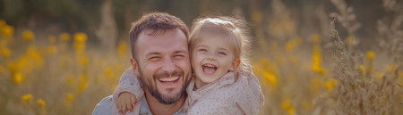 A joyful dad carries his laughing daughter, a heartwarming image radiating paternal love and shared happiness Vibrant colors and a natural setting enhance this precious moment, showcasing the unbreakable father-daughter bond Perfect for illustrating family unity, fatherhood, and childhood joy; ideal for parenting and family-focused media AI Generativeの素材