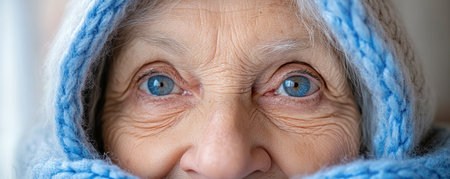 A radiant elderly woman smiles serenely in soft golden light Her captivating blue eyes reflect peace and wisdom, embodying graceful aging This captivating portrait is perfect for projects celebrating seniors, ideal for websites, blogs, and social media, promoting senior care or retirement AI Generativeの素材
