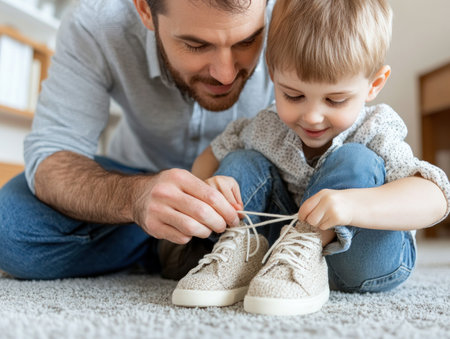 A father's gentle hands tie his son's shoelaces before a big event, a poignant symbol of unwavering support This tender moment captures their deep bond, showcasing paternal love and guidance It's a powerful image of encouragement, strength, and the enduring power of family, preparing the son for life's challenges AI Generativeの素材