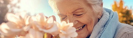 Sunlight illuminates an elderly woman's silver hair as she laughs heartily, a candid shot capturing her radiant joy Autumn leaves and flowers she holds create a vibrant, peaceful backdrop The image beautifully portrays aging gracefully, exuding serenity and happiness A heartwarming visual symphony of natural beauty AI Generativeの素材
