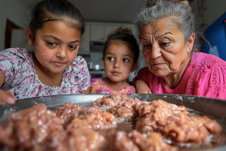 A heartwarming scene unfolds: a family, united in a kitchen filled with flour and laughter, baking holiday cookies Intergenerational bonds strengthen as they share sweet treats and cherished memories, creating a picture of love, togetherness, and the joy of family traditions AI Generativeの素材