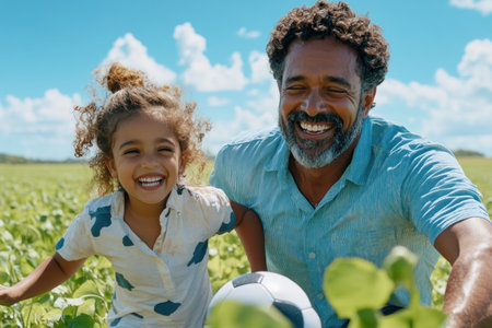 A sun-drenched field hosts a joyful soccer game between dad and daughter Their playful interaction showcases a heartwarming father-daughter bond, emphasizing trust and shared laughter This image celebrates quality family time, active play, and the building of strong relationships, creating lasting memories Perfect for promoting family bonding and healthy living AI Generativeの素材