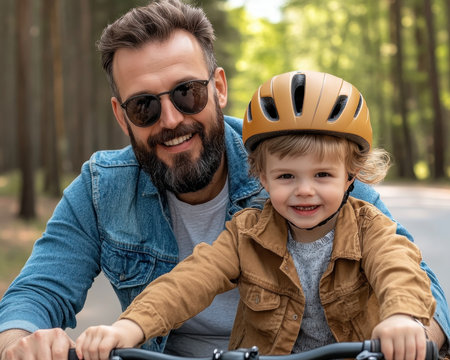 Sunlight streams down as a dad patiently teaches his child to ride a bike Their joyful connection embodies the essence of family, active living, and cherished childhood memories This heartwarming scene is perfect for illustrating articles or social media posts celebrating family time and the joy of learning AI Generativeの素材