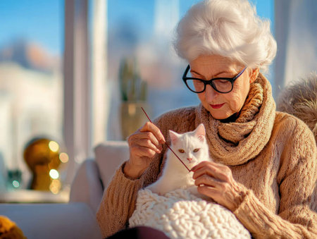 Cozy winter comfort unfolds as a grandmother knits a soft, elegant blanket Gentle hands and skilled craftsmanship create a beautiful heirloom, each stitch infused with love A serene scene, enhanced by a white cat companion, perfect for home d cor or a heartwarming gift AI Generativeの素材