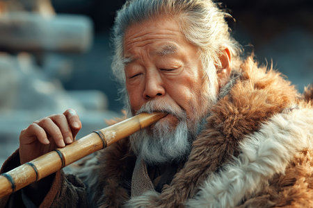 A serene elder meditatively plays a bamboo flute by a tranquil river The image evokes peace and the beauty of nature's rhythm, showcasing a deep connection between man and his environment His wise expression embodies mindful aging, the calming power of music, and life's serene journey AI Generativeの素材