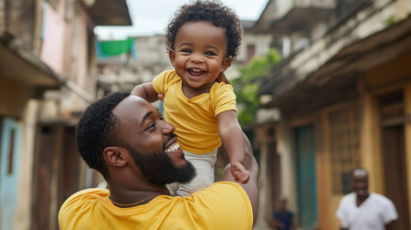 A joyful father lifts his smiling child, embodying pure, unconditional love This heartwarming scene captures the essence of paternal affection, a precious moment of shared joy and connection It symbolizes family strength, the beauty of fatherhood, and childhood's innocent delight a testament to enduring love and simple pleasures AI Generativeの素材