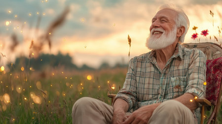 Bathed in golden sunset light, a serene elderly man beams contentedly in a tranquil field His joyful smile embodies peaceful retirement, a graceful embrace of life's twilight years The image evokes simple pleasures, nature's beauty, and the serenity of aging with open heart AI Generativeの素材