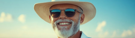 A smiling elderly gentleman, radiating joy, strolls through a serene countryside under a vibrant blue sky His peaceful contentment embodies a carefree retirement The image captures health, vitality, and the simple pleasure of outdoor adventures for seniors, showcasing nature's beauty AI Generativeの素材