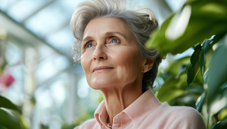 A regal elderly woman, radiant and serene, enjoys the sunlit warmth of a lush greenhouse Surrounded by vibrant flora, her elegant posture and calm expression embody timeless grace and the beauty of healthy aging The scene depicts peaceful harmony between nature and a resilient spirit AI Generativeの素材