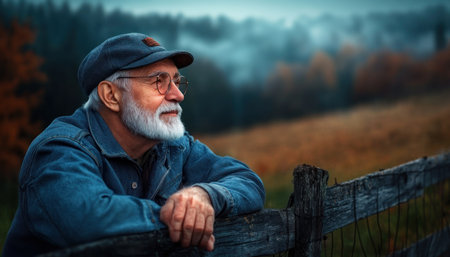 A serene elderly man, bathed in the quiet meadow's tranquility, embodies peaceful retirement His gentle smile reflects contentment and wisdom, a connection to nature's serenity The image portrays relaxed aging, inner peace, and quiet contemplation in a rural landscape He is the epitome of gentle aging and natural harmony AI Generativeの素材