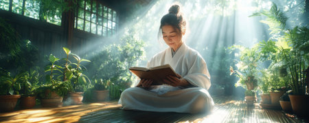 Sunlight bathes a serene elderly woman journaling amidst lush indoor plants This peaceful scene embodies tranquility and mindful living The image evokes the calming power of nature and journaling's restorative benefits, inviting viewers to discover inner serenity and a healthier, happier life AI Generativeの素材