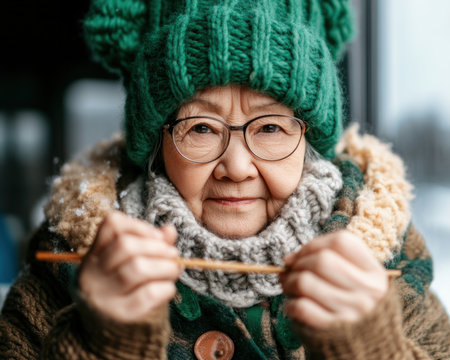 Sunlight streams through a window, illuminating a grandmother peacefully knitting amidst vintage charm Antique furniture and warm hues create a cozy, serene atmosphere The scene evokes feelings of comfort, nostalgia, and family tradition, perfect for representing a grandmother's home or retirement AI Generativeの素材