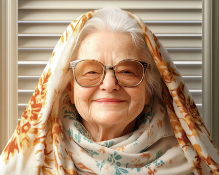 A serene elderly woman, bathed in sunlight, smiles contentedly beneath a soft blanket Her peaceful repose by the window evokes serenity and the simple joys of life This image celebrates graceful aging, ideal for projects focused on senior care, well-being, and the golden years AI Generativeの素材