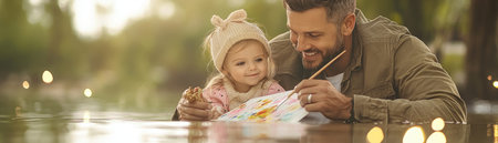 A father tenderly guides his young daughter's hand in painting, fostering a loving bond This heartwarming scene highlights the beauty of shared creativity, teaching, and nurturing The image celebrates the invaluable impact of a father's love, building lasting memories and strengthening their family connection Simple moments, powerful impact AI Generativeの素材