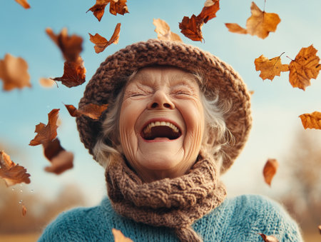 Bathed in golden sunlight, a joyful elderly person radiates happiness, surrounded by loved ones This heartwarming scene depicts a fulfilling retirement, celebrating life's precious moments with family and friends The image embodies graceful aging, active and vibrant, filled with joy and laughter AI Generativeの素材
