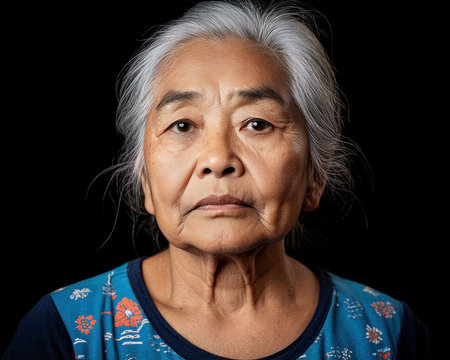 A timeless portrait captures the wisdom and beauty of an aging grandmother Her face, a map of lived experiences, glows with warmth and resilience This powerful image celebrates the dignity and grace of older women, ideal for stock photography or projects emphasizing mature beauty and life's journey AI Generativeの素材