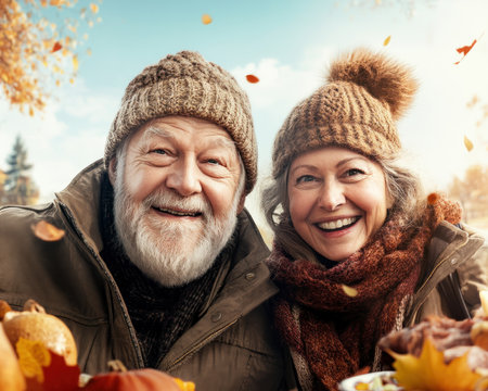 Hand-in-hand, a joyful senior couple strolls through a vibrant autumn park, their love a heartwarming centerpiece of a lively family picnic Colorful foliage and falling leaves frame their enduring connection, capturing the essence of family togetherness and the beauty of aging gracefully on a golden autumn day AI Generativeの素材