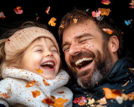 A heartwarming Father's Day image: a dad and child laugh amidst falling autumn leaves This joyful scene embodies the love and connection of a cherished tradition, perfect for greeting cards or social media Share this special memory and celebrate the bond between fathers and children AI Generativeの素材