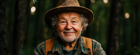 Bathed in soft sunlight, a serene elderly man smiles gently amidst a tranquil forest His peaceful expression and the calming natural backdrop evoke tranquility, wisdom, and a connection with nature The image beautifully portrays graceful aging and the simple joys of life, ideal for representing serenity and retirement AI Generativeの素材