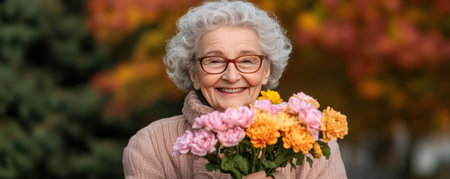 A radiant elderly woman, her face etched with wisdom, beams while holding a vibrant wildflower bouquet The warm, inviting image captures the serene joy of aging gracefully, celebrating simple pleasures and nature's beauty It's a heartwarming portrayal of contentment and enduring spirit AI Generativeの素材