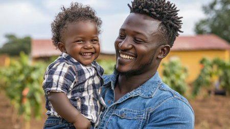 A joyful father playfully lifts his beaming child, capturing a heartwarming moment of pure paternal love and family bliss Their infectious laughter and connection exemplify the simple joys of parenthood This vibrant image is perfect for illustrating family, happiness, and the unbreakable father-child bond Ideal for family-focused media AI Generativeの素材