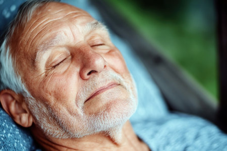 Bathed in sunlight, a serene elderly person rests peacefully on a porch Gentle expressions and relaxed posture convey tranquility and contentment The image captures the simple joys of later life, showcasing graceful aging and the serenity of retirement A moment of pure peace AI Generativeの素材