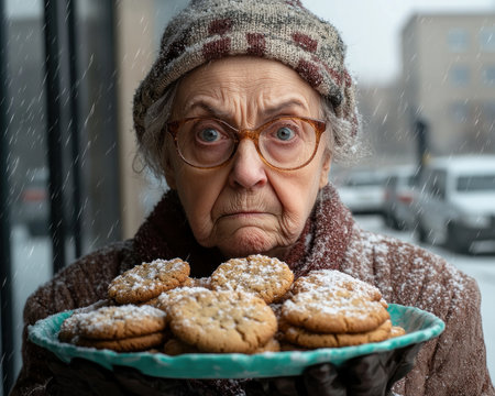 A beaming grandmother proudly displays a platter of homemade cookies, embodying warmth, family, and tradition Her joyful eyes and the delicious treats capture the essence of cherished holiday memories and home-baked love This heartwarming image is perfect for blogs, websites, and social media AI Generativeの素材