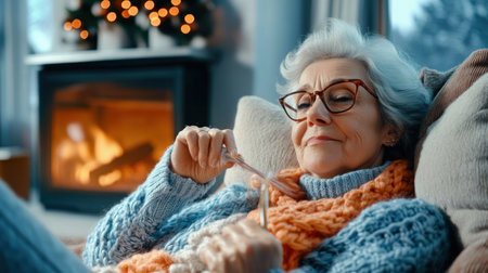 A serene grandmother knits by a crackling fireplace, bathed in warm, flickering light Soft yarn and peaceful expression reflect a tranquil evening The scene embodies cozy home life, the pleasure of crafting, and the simple joy of creating beauty AI Generativeの素材