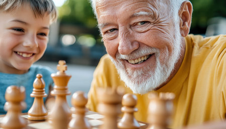 Warmth radiates from an elderly man and his grandchild engrossed in a joyful chess game Their laughter embodies intergenerational love, patience, and wisdom The photograph beautifully captures this precious bond, showcasing the simple joy of shared moments and creating a lasting family memory AI Generativeの素材