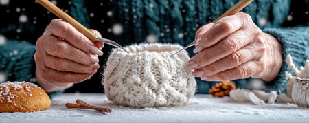 An elderly woman's nimble fingers create intricate knit patterns amidst vintage tools The scene evokes the timeless charm of hand-knitting, showcasing the artistry and serenity of this age-old craft Meticulous detail and peaceful atmosphere are captured in this heartwarming image of traditional craftsmanship AI Generativeの素材