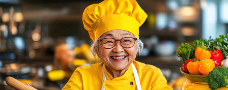 A radiant elderly woman, in a bright yellow chef's hat, joyfully prepares a healthy meal in her vibrant kitchen This stock photo embodies contented aging, culinary passion, and active senior living Ideal for articles on healthy aging, senior wellness, and culinary arts, it showcases the beauty and positivity of a AI Generativeの素材