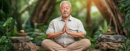 A serene elderly man meditates at sunrise, embodying strength and inner peace This vibrant image evokes tranquility and spiritual awakening, perfect for promoting meditation, yoga, healthy aging, and holistic wellness It conveys calm, stress reduction, and the power of mindful practices for a peaceful life AI Generativeの素材