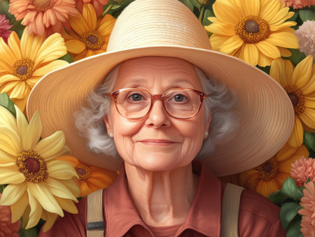 A vibrant senior joyfully tends a lush garden bursting with sunflowers, daisies, and other blooms This image embodies healthy aging, peaceful living, and the serenity of nature's embrace Gardening in later life reveals the simple pleasures and healing power of connecting with the earth, fostering inner peace and well-being AI Generativeの素材