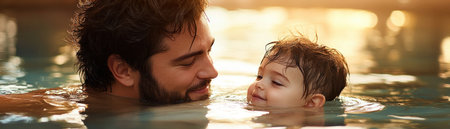 A heartwarming Father's Day image shows a father patiently teaching his child in a pool It symbolizes the precious bond between them, filled with love, guidance, and unwavering support This touching scene captures the essence of fatherhood: protection, wisdom, and unconditional love A perfect tribute to amazing dads AI Generativeの素材