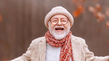 A joyful elderly man, radiating happiness and energy, dances at a loving family reunion His spirited movements embody active aging and intergenerational bonding The scene overflows with warmth, celebrating family unity and the carefree joy of life's special moments This heartwarming image captures the spirit of a cherished celebration AI Generativeの素材
